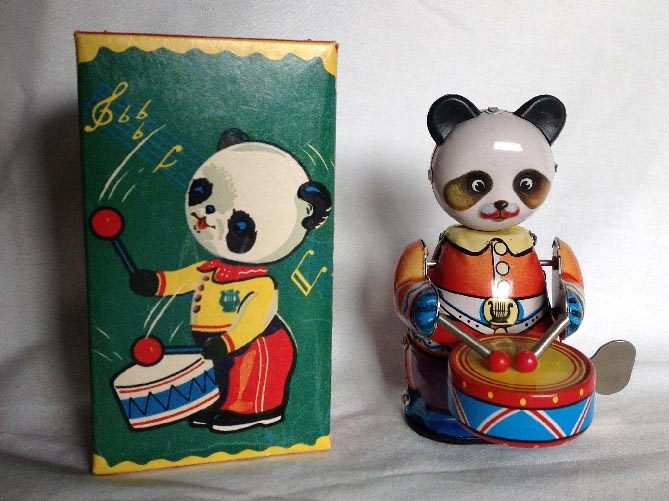 vintage Chinese made boxed tin plate clock work wind-up drumming Panda bear toy